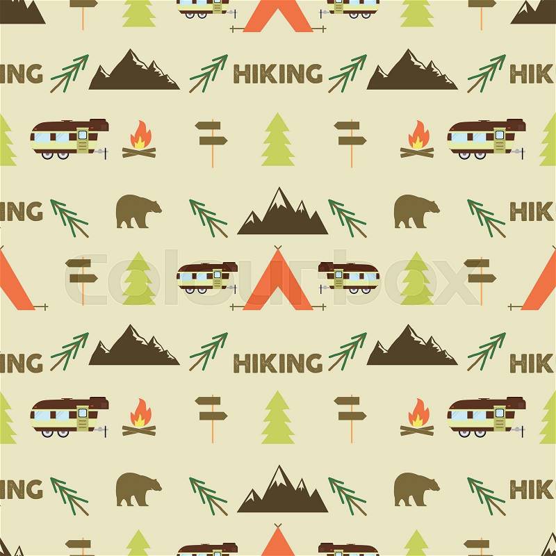 Hiking seamless pattern. Hiking trail seamless wallpaper design. Equipment for outdoor walking background for print. Hiking or gear rustic pattern- tent, rv, bonfire. Hike park pattern design. Vector, vector
