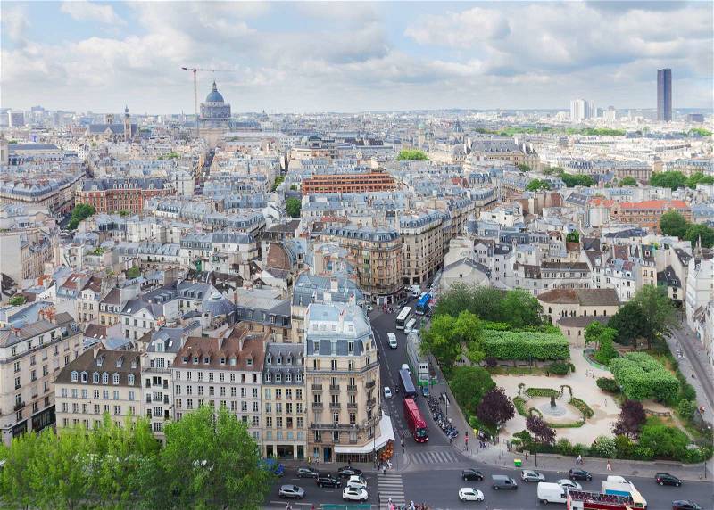 View of Quartier Latin of Paris city from above, France, stock photo