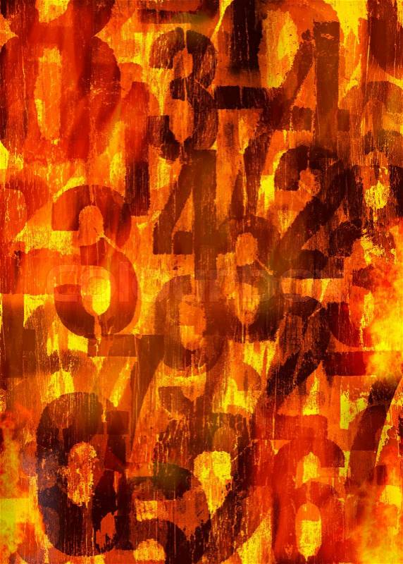 Grunge worn numbers in flames, image manipulation background texture, stock photo