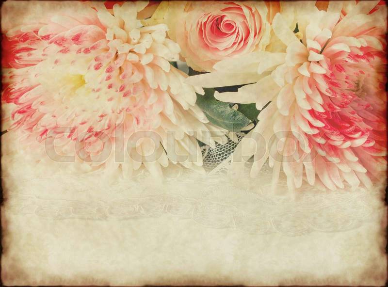 Vintage background with old paper and rose, stock photo