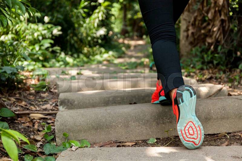 Young athletic woman running on forest trail , stock photo