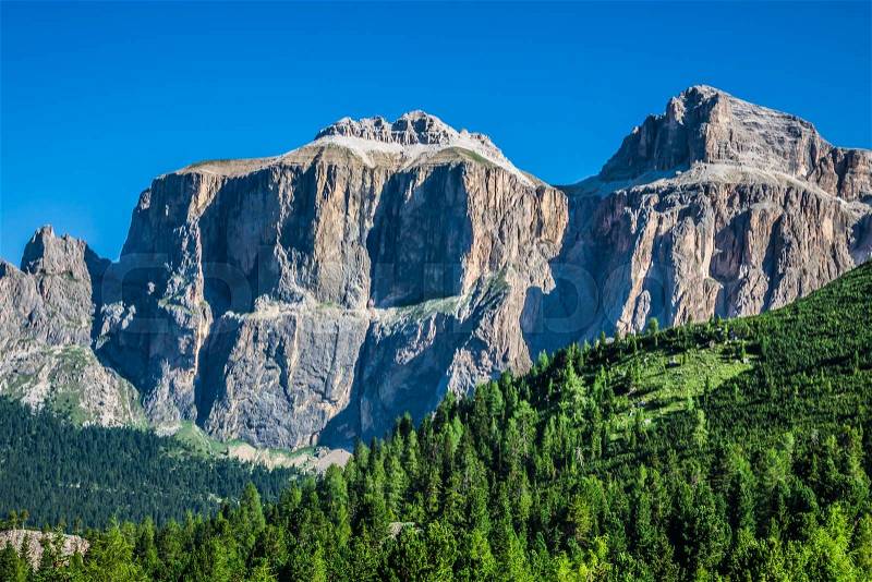 Sass Pordoi south face (2952 m) in Gruppo del Sella, Dolomites mountains in Alps, stock photo