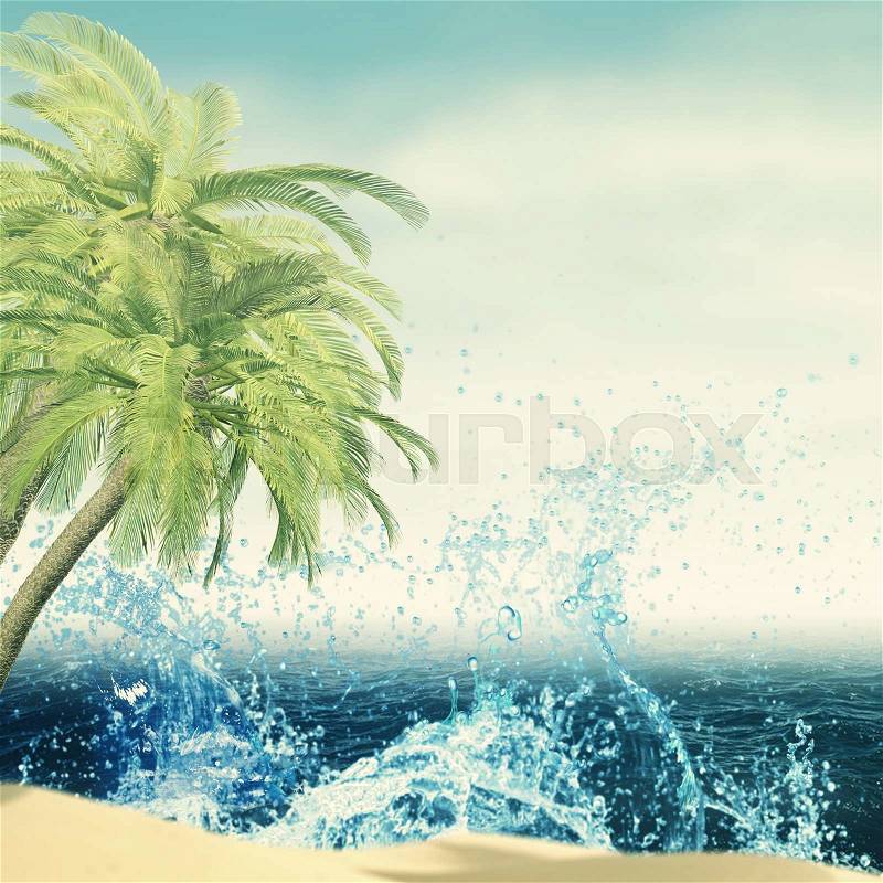 Palm, ocean waves and beach, abstract summer vacation backgrounds , stock photo