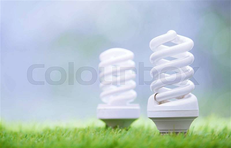 Energy saving bulbs in the grass. Close-up photo, stock photo