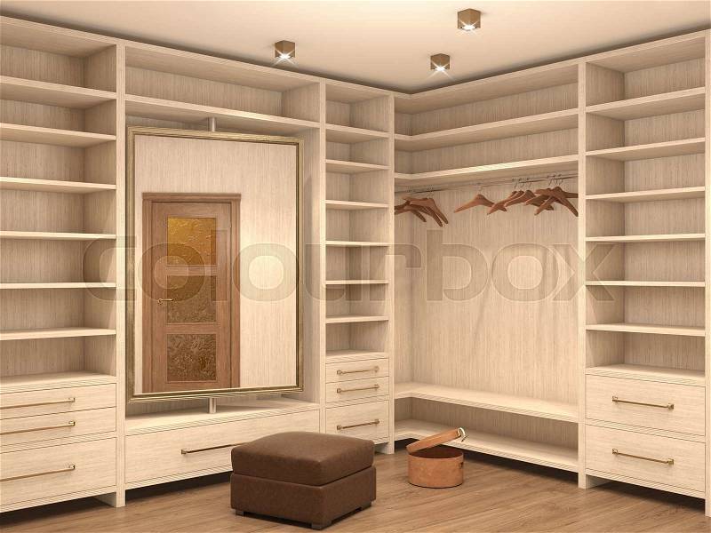Empty white dressing room; interior of a modern house. 3d illustration, stock photo