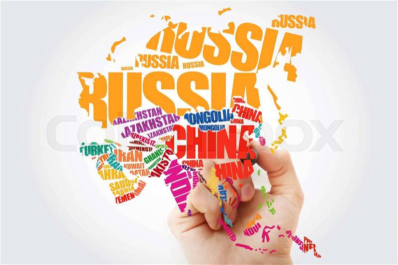 Hand showing Asia Map in Typography word cloud concept, names of countries, stock photo