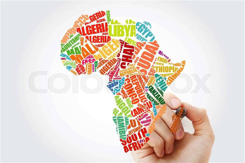 Hand showing African countries Map in Typography word cloud concept, names of countries, stock photo