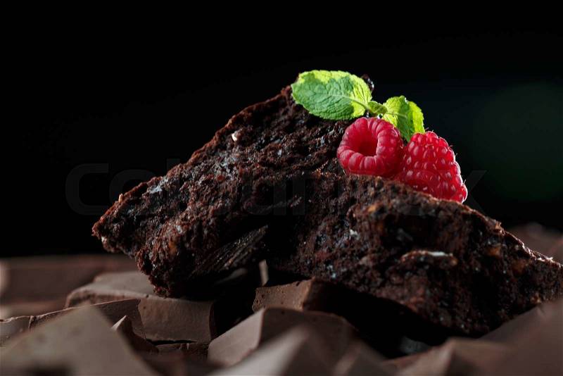 Chocolate brownies with raspberry and chunks of chocolate, stock photo