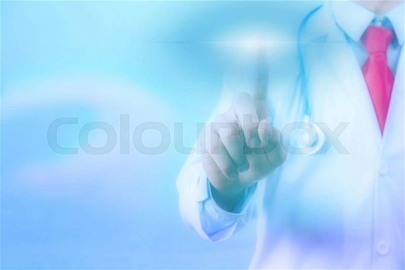 Doctor touching on virtual screen with copyspace, stock photo