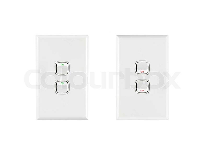 A white double light switch turned on and off, stock photo