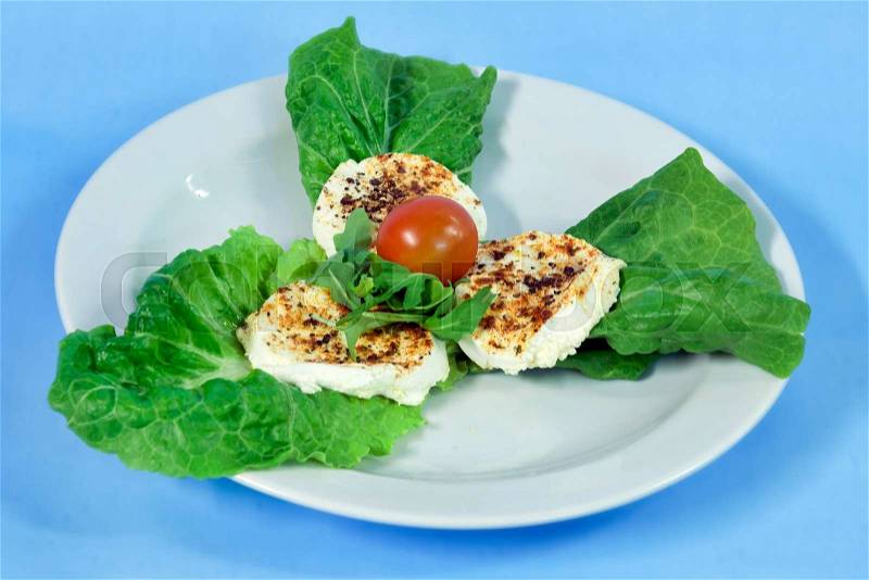 Modern food on a white plate and blue background - grilled goat cheese on roman leaves, stock photo