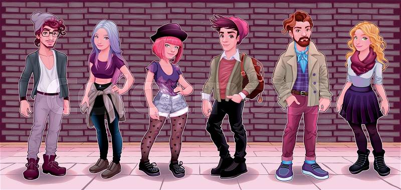 Group of young people with underground background. Fashion cartoon vector illustration, vector