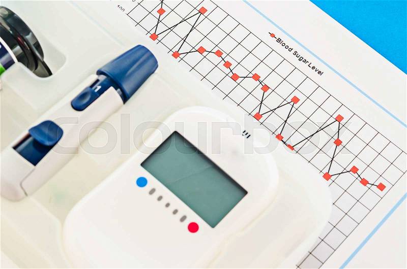 Blood sugar control chart with blood sugar measurement, stock photo