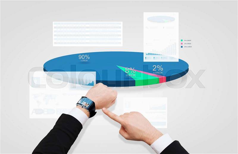 Business, people, analytics and modern technology concept - close up of businessman pointing to smart watch at his hand with news on screen over chart and diagram, stock photo