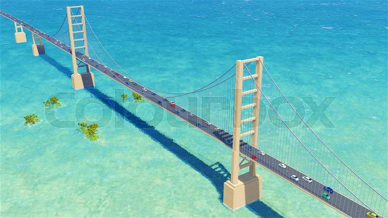 Image Big Bridge sea with cars 3D rendering, stock photo