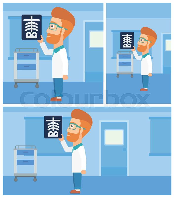 Hipster doctor with the beard looking at a skeleton radiograph in the medical office. Vector flat design Illustration. Square, horizontal, vertical layouts, vector