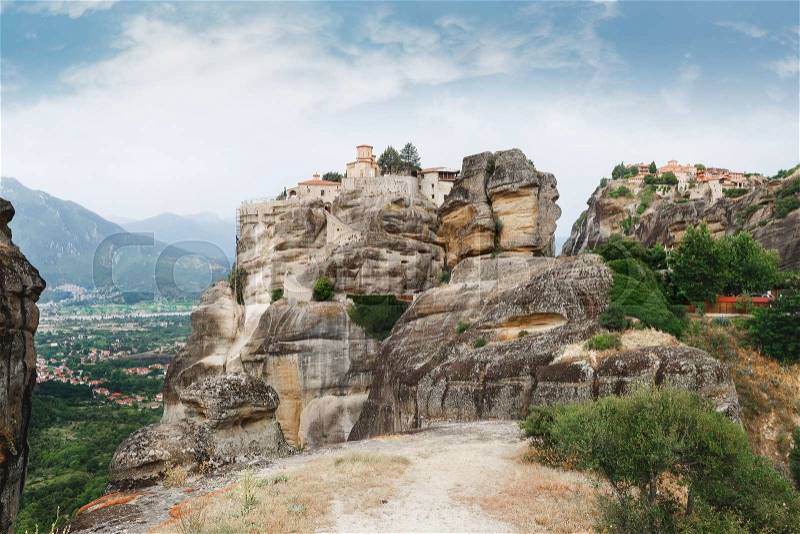 The Holy Monastery of Varlaam and The Holy Monastery of Great Meteoron, Trikala region, Greece. Focus on Holy Monastery of Varlaam, stock photo
