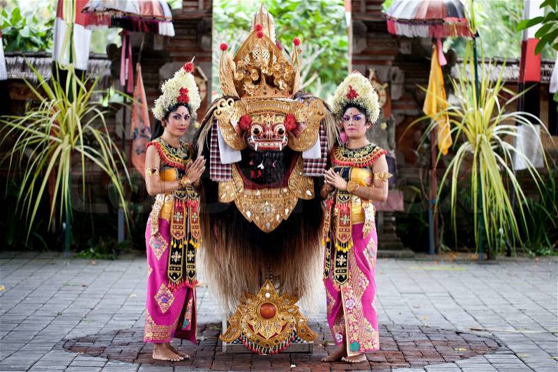 BATUBULAN, BALI, INDONESIA- JUNE 23: Barong dancers after the traditional balinese perfomance on June 23, 2011 in Batubulan, Bali, Indonesia, stock photo