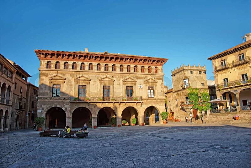 Plaza Mayor in Spanish Village on the Montjuic in Barcelona, Spain. It is an architectural museum and is also called Poble Espanyol, or Spanish town, stock photo