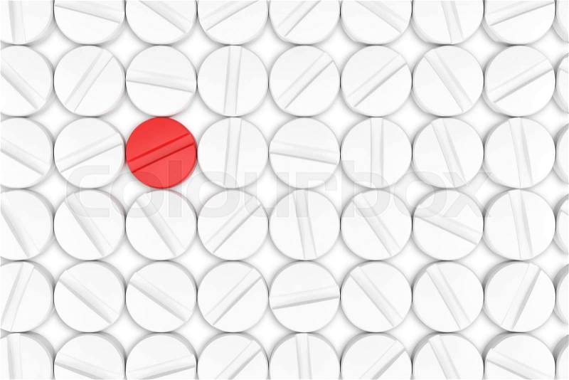 Top view of white medicine pills. One red medicine tablet is as a concept of a vaccine. 3d illustration, stock photo