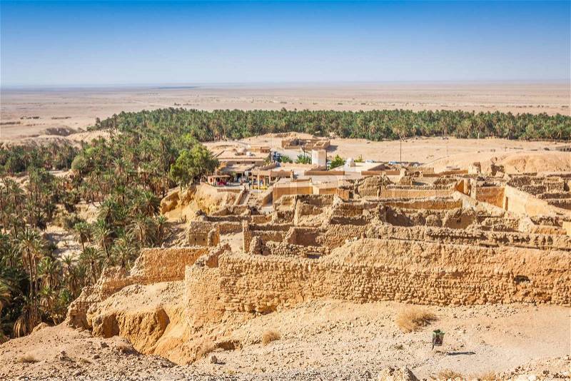Mountain oasis Chebika at border of Sahara, Tunisia, Africa, stock photo