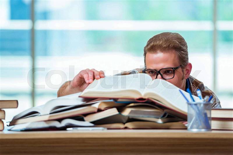 Young male student preparing for high school exams, stock photo