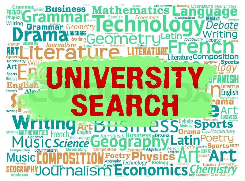 University Search Meaning Educational Establishment And Researching, stock photo
