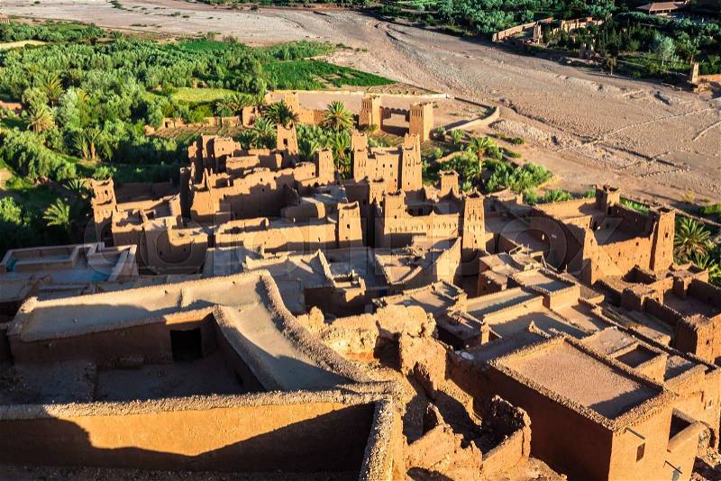 Ait Benhaddou is a fortified city, or ksar, along the former caravan route between the Sahara and Marrakech in Morocco, stock photo