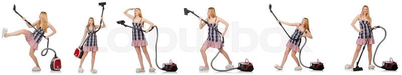 Young woman with vacuum cleaner on white, stock photo