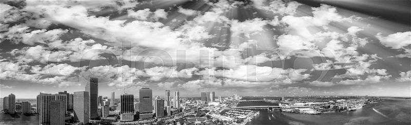 Downtown Miami. Aerial view in black and white, stock photo