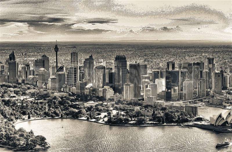 Aerial view of Sydney skyline, Australia, stock photo