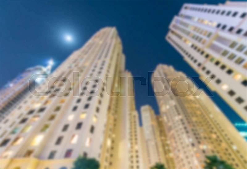 Blurred skyline of Dubai Marina, UAE, stock photo