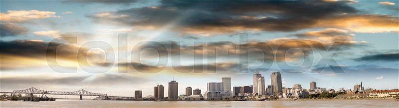 Panoramic view of New Orleans skyline at dusk, stock photo