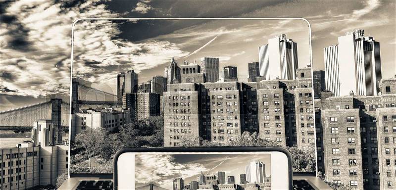 Photographing and viewing Downtown Manhattan, New York, stock photo