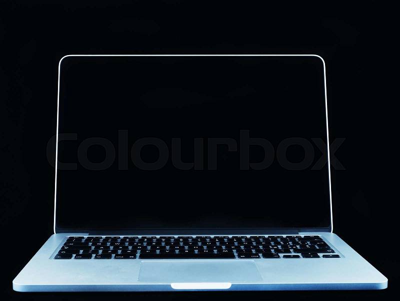 Modern laptop computer, isolated on black, front view, stock photo
