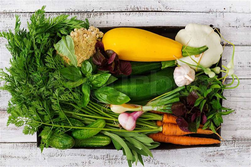 Set of different fresh vegetables. Proper nutrition. Dietary menu. Top view, stock photo