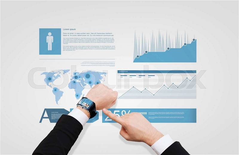 Business, people, analytics and modern technology concept - close up of businessman pointing to smart watch at his hand with news on screen over chart diagram, stock photo