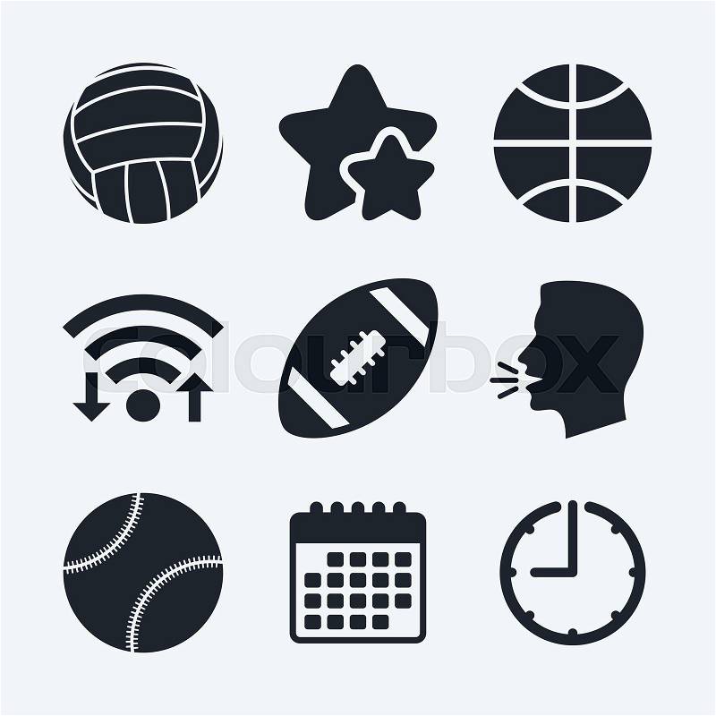 Sport balls icons. Volleyball, Basketball, Baseball and American football signs. Team sport games. Wifi internet, favorite stars, calendar and clock. Talking head. Vector, vector