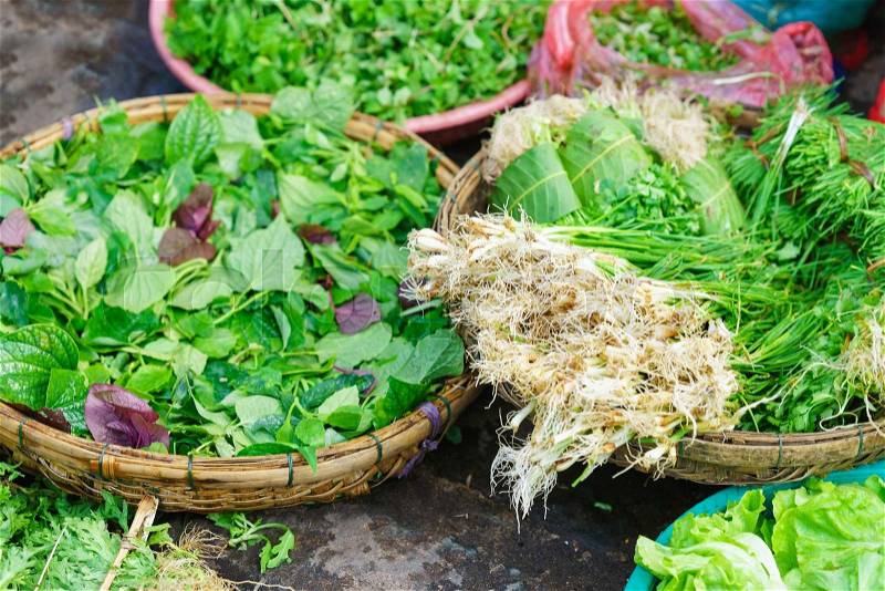 Asian street farmer market selling fresh leaves of garden stuff in Hoi An, Vietnam. Mainly green colors, stock photo