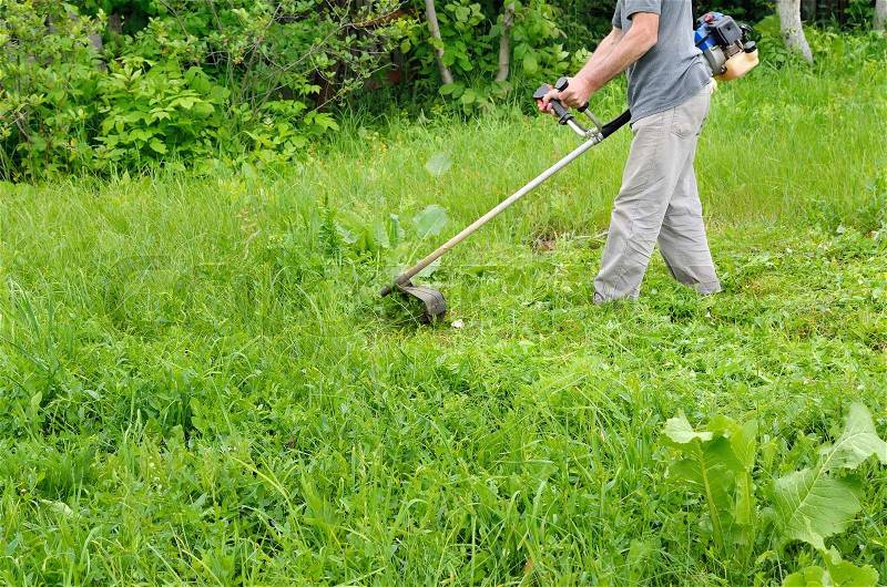 Man mowing lawn mower green, young grass. Gardener doing seasonal work. Clearing the garden of weeds, stock photo