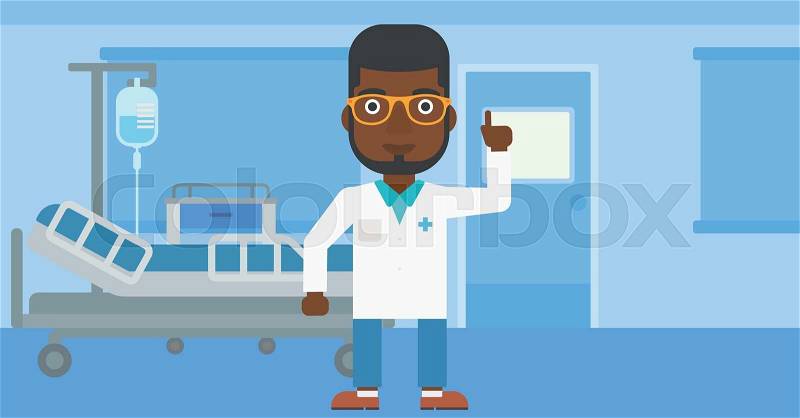 An african-american doctor in medical gown showing finger up while standing on the background of hospital ward. Vector flat design illustration. Horizontal layout, vector