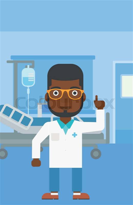 An african-american doctor in medical gown showing finger up while standing on the background of hospital ward. Vector flat design illustration. Vertical layout, vector