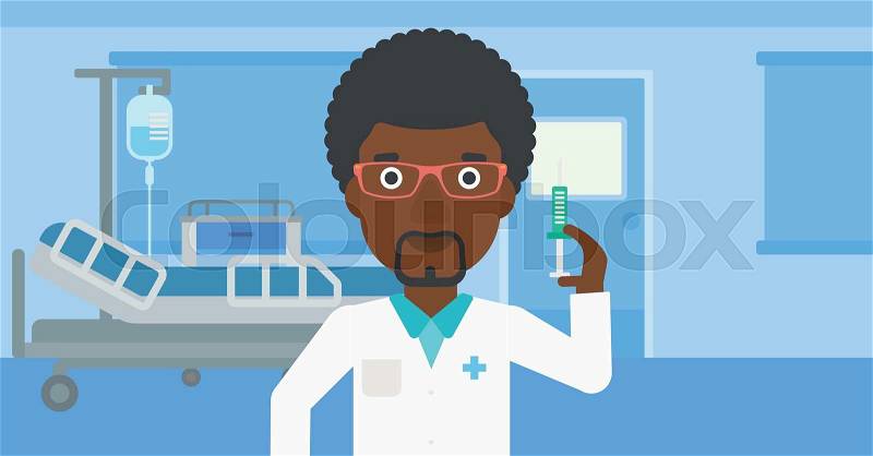 An african-american doctor with the beard holding medical injection syringe on the background of hospital ward. Vector flat design illustration. Horizontal layout, vector
