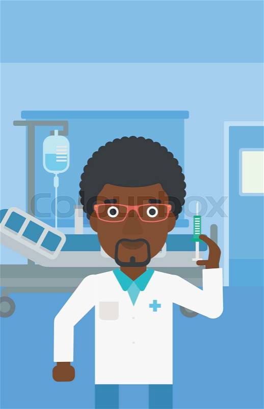 An african-american doctor with the beard holding medical injection syringe on the background of hospital ward. Vector flat design illustration. Vertical layout, vector