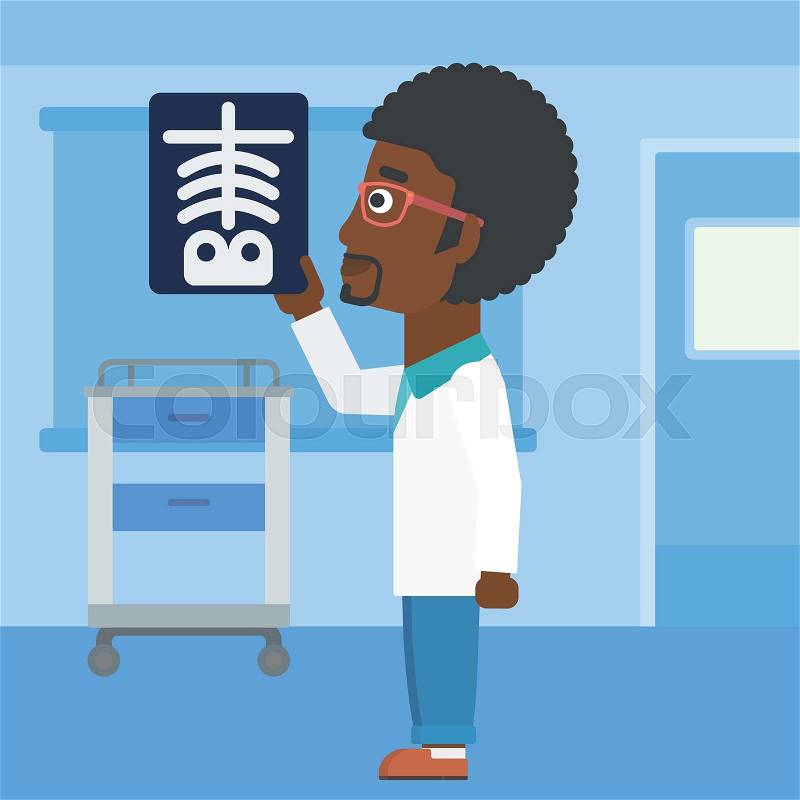 An african-american doctor with the beard looking at a skeleton radiograph in the medical office. Vector flat design illustration. Square layout, vector