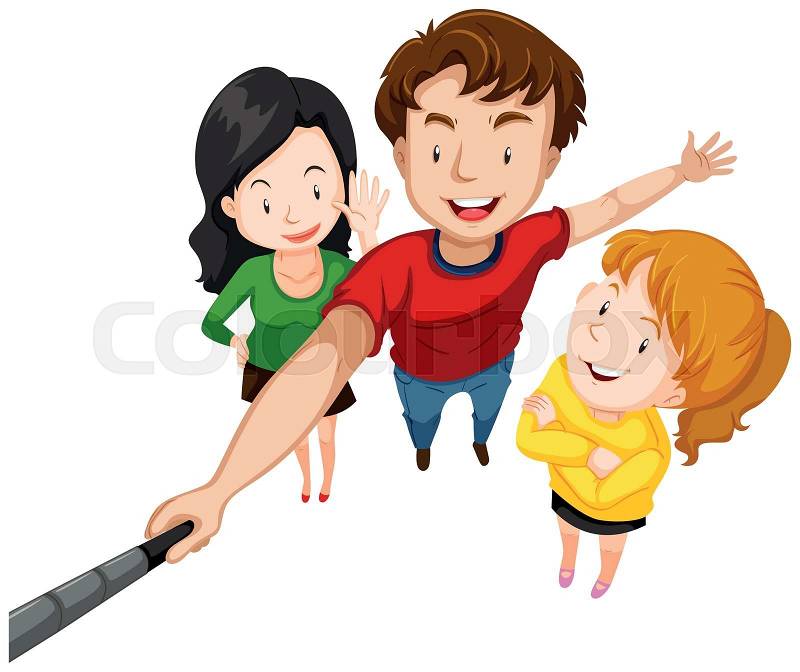 Group of people taking selfie with stick illustration, vector