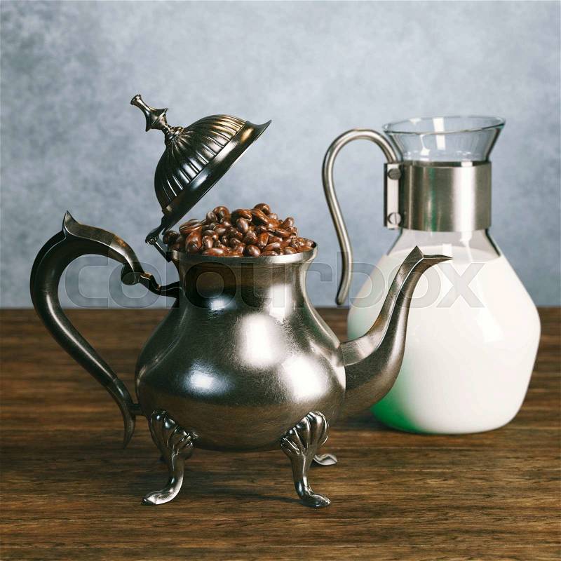 Still life with stylish coffeepot and pot of milk, stock photo