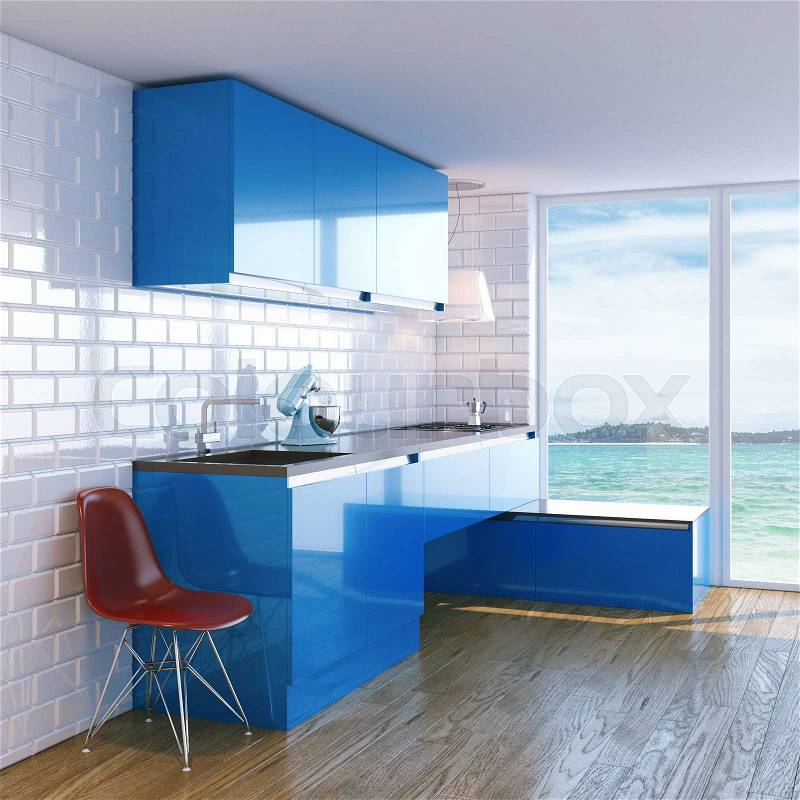 New contemporary blue kitchen furniture in white interior with classic tiles. Sea Beach View in Big Windows, stock photo