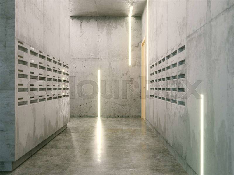 Minimalistic room with concrete surfaces ( post boxes on two sides view ), stock photo