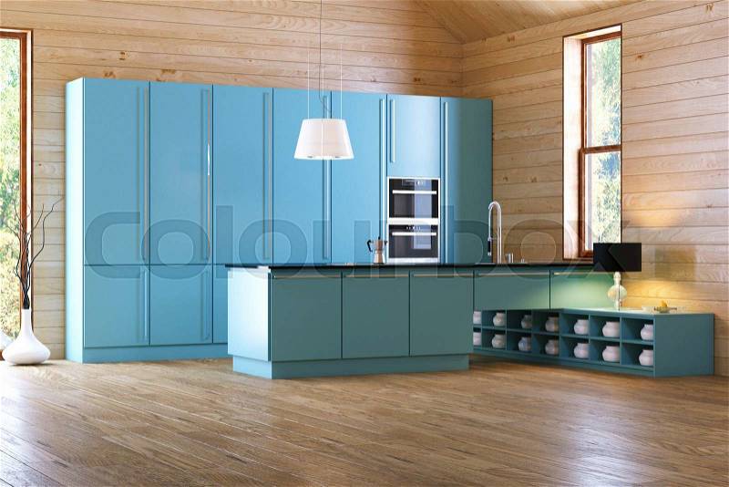 Modern blue kitchen in wooden interior, stock photo